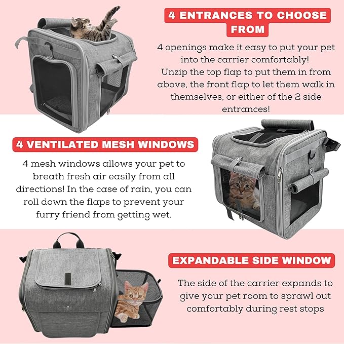 Dog Bike Basket, Expandable Soft-Sided Reflective Pet Carrier Backpack with 4 Open Doors, 4 Mesh Windows for Medium Small Dog Cat Puppies (Grey)-PawvioPets