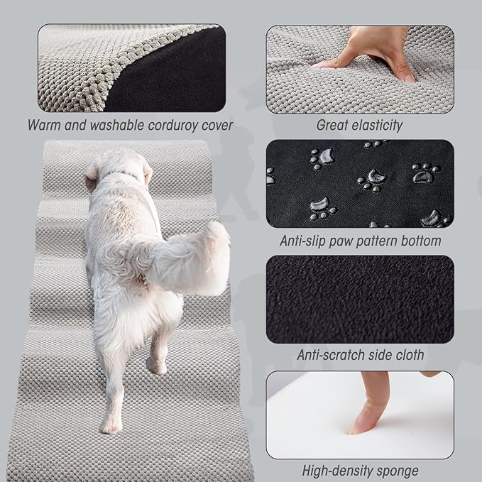 Dog Stairs&Steps for High Beds Up to 28'', 5-Step Dog Ramp for Small Medium Dogs with Washable Cover, Pet Steps for Cats to Get on Couch and Sofa, Durable Foam Ladders, 24.4" Tall, Grey-PawvioPets