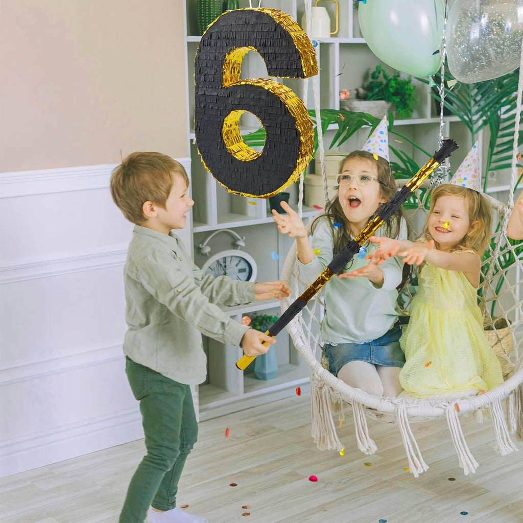 PCFING 20 Inch Number 6 Piñata Gold Black with 30 Inch Piñata Stick Blindfold Confetti for Man Women Boys Girls Birthday Party Decorations, Anniversary Celebration, Fiesta