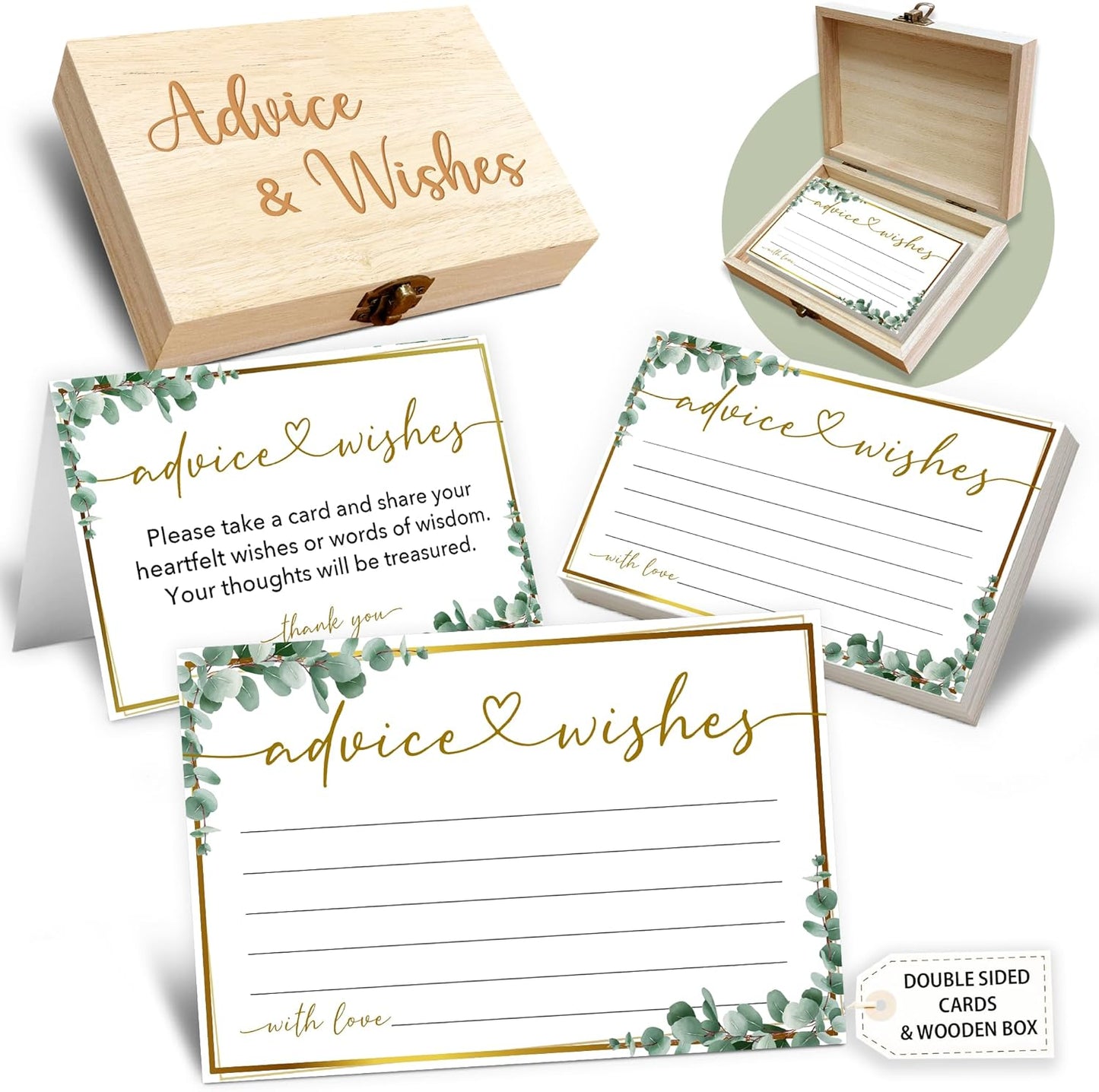 Advice and Wishes Cards Box, 50 Pcs Birthday Wedding Baby Shower Advice Cards, Well Wishes Box for Birthday Party Graduation Bridal Shower Retirement Party, Anniversary(Eucalyptus) -A06