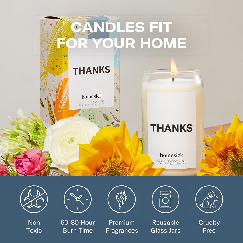 Homesick Scented Candles for Home (Thanks) - 13.75 oz Long-Lasting Soy Wax Blend Jar Candle Gifts for Women for All Occasions, 60-80 Hours Burn Time - Notes of Cucumber, Lemon & Patchouli
