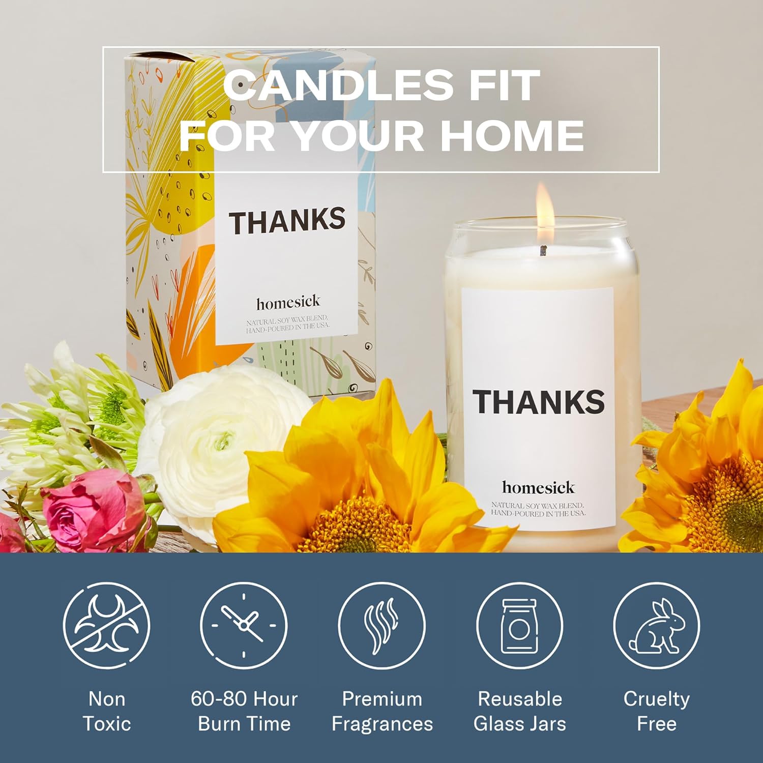 Homesick Scented Candles for Home (Thanks) - 13.75 oz Long-Lasting Soy Wax Blend Jar Candle Gifts for Women for All Occasions, 60-80 Hours Burn Time - Notes of Cucumber, Lemon & Patchouli