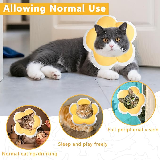 Cat Cone Collar Soft, Waterproof Cats Cones to Stop Licking After Surgery, Adjustable Soft Elizabeth Cats Collars for Wound Healing, Flower Shape Cat Recovery Collar (Yellow, Large)-PawvioPets