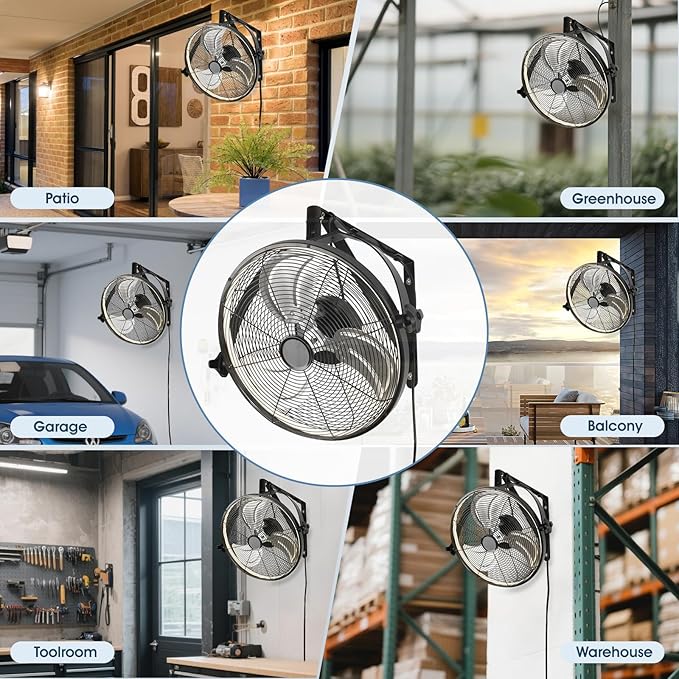 16 inch Wall Mount Fan with Lights and Remote,6-Speed Gazebo Ceiling Fan Adjustable Tilt Dimmable Wall Fan,High Velocity Industrial Outdoor Fans for Patio,Garage,Commercial,Black-PawvioPets