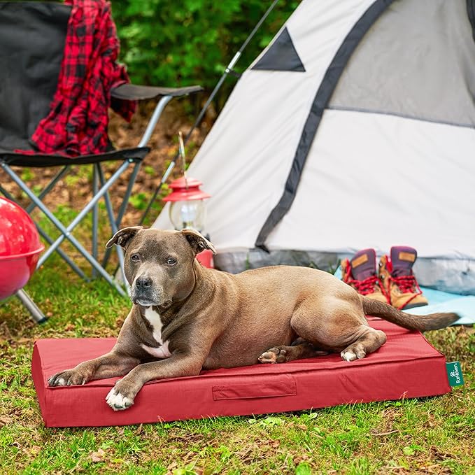 FurHaven Cooling Dog Bed – Large Foam Mattress for Joint Pain Relief, Waterproof Liner, Removable Washable Cover, Durable for Outdoor Use, Deluxe Grid Indoor/Outdoor Bed – Red, Large-PawvioPets
