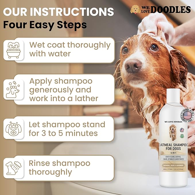 5-in-1 Premium Oatmeal Shampoo for Dogs, Gentle for Itchy & Sensitive Skin, Provides Itch Relief, Hypoallergenic & Soothing for Dry Skin, Moisturizing Anti-Itch, Made in USA, 16 oz [We Love Doodles]-PawvioPets