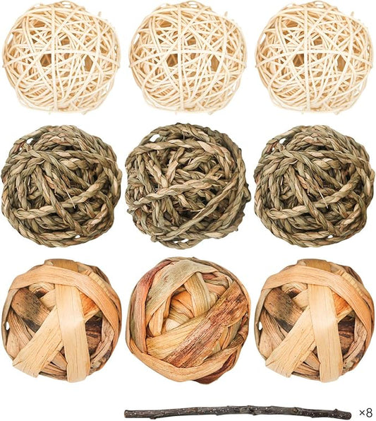 9 Pcs Small Animals Play Balls Rolling Activity Chew Toys Gnawing Treats for Rabbits Guinea Pigs Chinchilla Bunny Natural Balls, Pet Cage Entertainment Accessories (9 Pcs)-PawvioPets