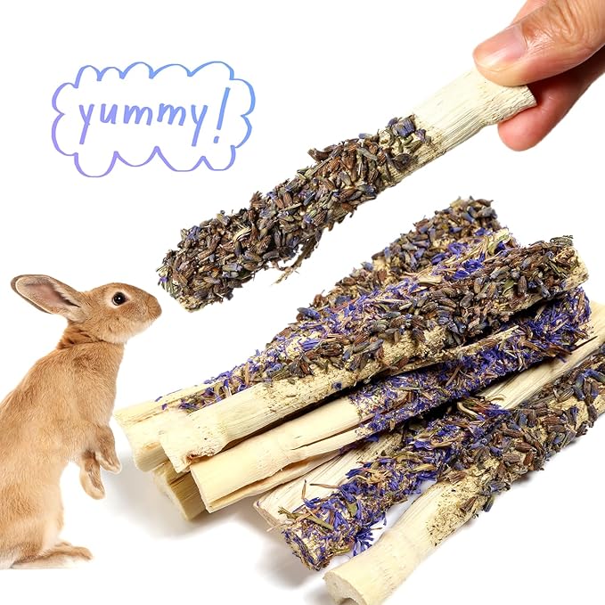 Abizoo Sweet Bamboo Rabbit Chew Sticks Treats and Toys 8Pcs Natural Hay with Forget-Me-Not Lavender for Bunny Guinea Pig Chinchilla Dental Care-PawvioPets