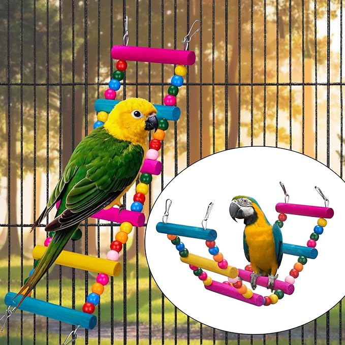 11Pcs Bird Parakeet Toys Wooden Bird Platform Stands Swing Hanging Chewing Toy Parrot Climbing Ladder Colorful Bird Cage Toys for Parakeet, Conure, Cockatiel, Love Birds, Finches-PawvioPets