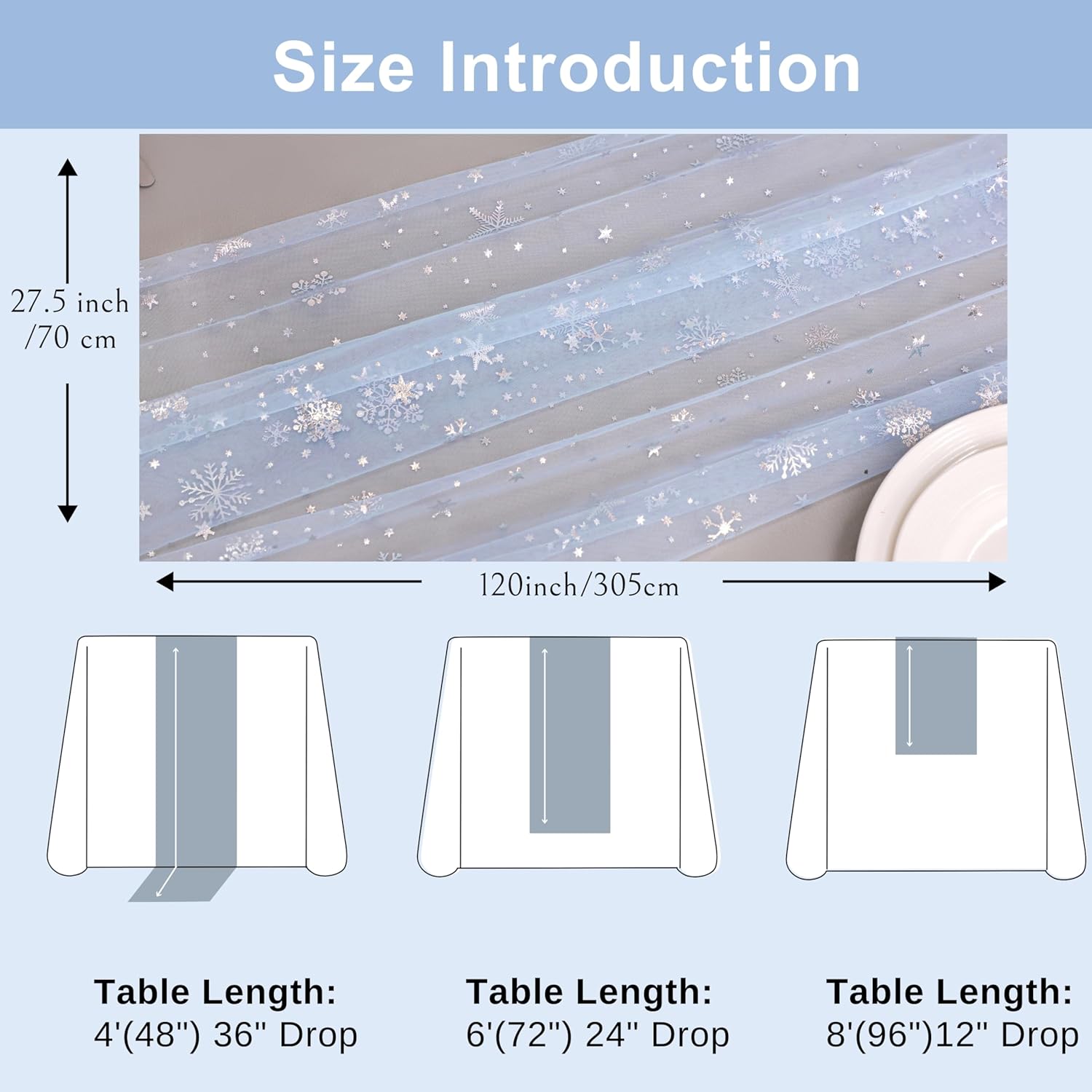 Snowkingdom Silver Snowflake Christmas Table Runner, 10ft Blue Cheesecloth Gauze Sheer Chiffon 120 Inch Winter Table Runner, Seasonal Holiday Kitchen Dining Decoration for New Year Outdoor Party Decor