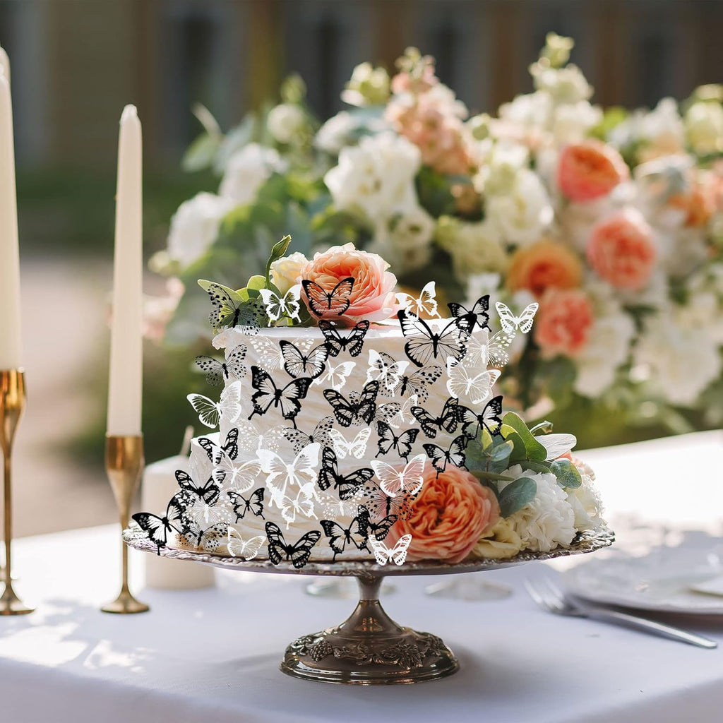 Gyufise 36Pcs Butterfly Cupcake Toppers - Lively PVC Art 3D Cake Decorations for Baby Shower, Kids Birthday Party - Black, White, Transparent