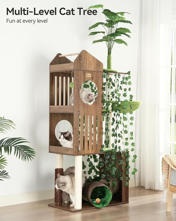 FourFurPets Large Cat Tree with Leaves, 72.8-Inch Cat Tower for Indoor Cats, Modern Cat Tree with Scratching Post, Large Perch, Tunnels, Swing Ball, Self Groomer, Greige-PawvioPets