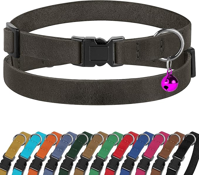 Breakaway Cat Collar Leather with Removable Bell - 13 Colors Available - Soft Adjustable Girl Boy Safety Lightweight Pet Kitten Collars Pink Brown Blue Green Red Orange Black (Graphite)-PawvioPets