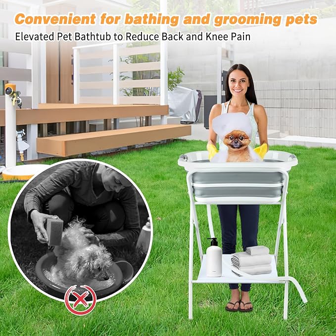 BWOGUE 2 in 1 Portable Dog Bath Tub Elevated Collapsible Dog Bathtub Washing Station with Drainage Hole for Bathing, Shower and Grooming, Pet Tub for Puppy Small Medium Dogs Indoor and Outdoor-PawvioPets
