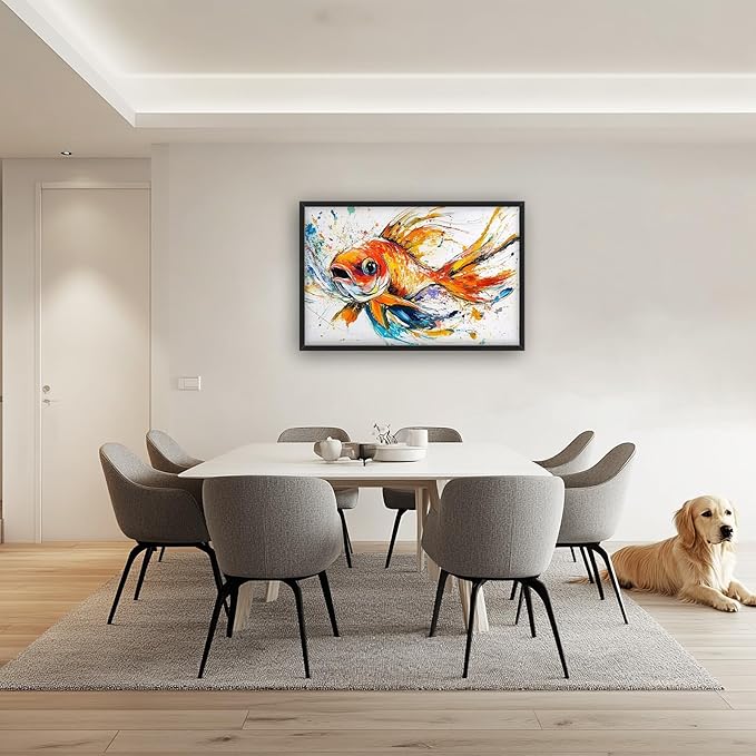 Framed Large Fish Wall Art for Living Room, Oversized Graffiti Goldfish Wall Decor Watercolor Fishing Canvas Painting Modern Artwork Home Decoration for Living Room Bedroom Office 36"x24"-PawvioPets