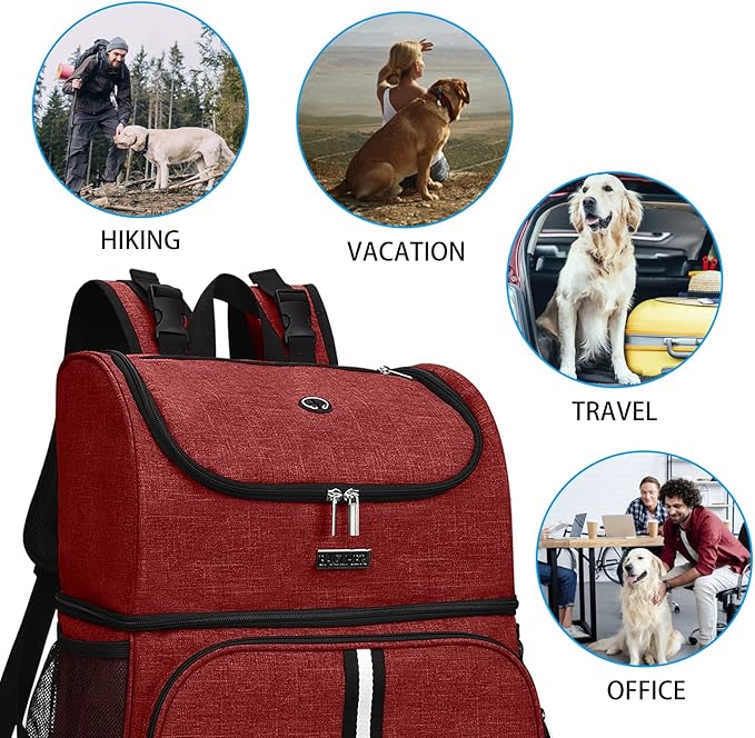 BAGLHER Pet Travel Bag, Double-Layer Pet Supplies Backpack (for All Pet Travel Supplies), Pet Travel Backpack with 2 Silicone Collapsible Bowls and 2 Food Baskets Red-PawvioPets