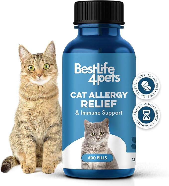 Cat Allergy Relief & Immune Support, Natural Relief for Seasonal Allergies, Itching, Sneezing, Congestion, Runny Nose, and Feline Respiratory Infections, 400 Small Odorless Tasteless Pills-PawvioPets