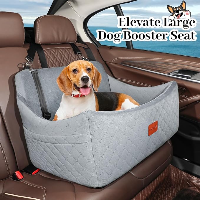 Dog Car Seat for Medium & Large Dogs Up to 55lbs, Memory Foam Cushion, Washable Cover, Safety Straps & Non-Slip Base(Grey,Large)-PawvioPets