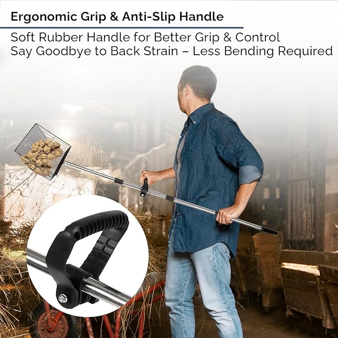 15" Extra-Wide Chicken Poop Scooper – Ergonomic Adjustable Handle (24-70in), Stainless Steel Sifting Shovel Deep Litter Cleaning for Chicken Coops, Goat - Chicken Coop Scoop for Sand, Straw, Hemp-PawvioPets