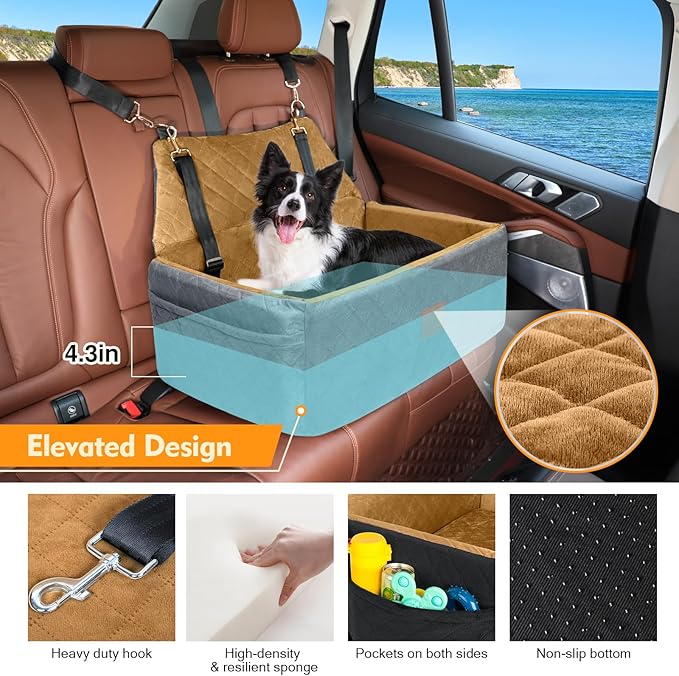Dog Car Seat for Large Medium Dogs,Washable Pet Carseat Under 55 lbs or 2 Small Dogs,Dog Booster Seat with Thick Cushion,2 Safety Leashes-PawvioPets
