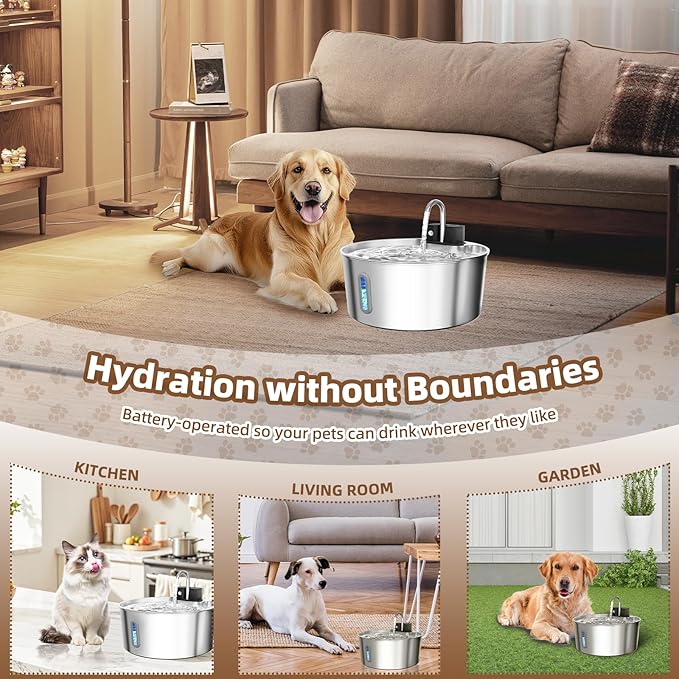 Dog Water Fountain Stainless Steel: 7L/236oz Cordless Large Dog Water Bowl Dispenser Automatic Cat Pet Water Fountain Indoor with Deeper Drinking Area, Multi-Pet Water Fountain with Ultra-Quiet Pump-PawvioPets