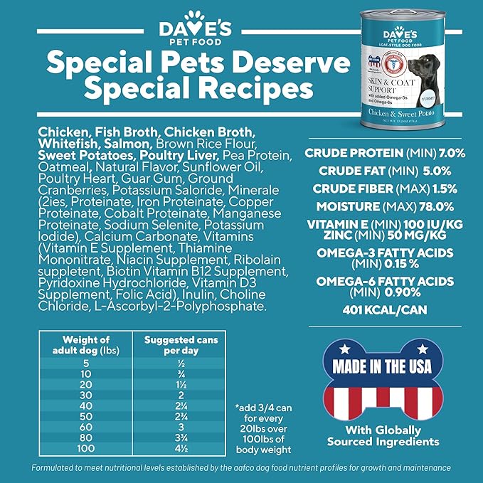 Dave's Pet Food Sensitive Skin Dog Food for Skin and Coat (Chicken & Sweet Potato), Wet Canned, Made in USA, 13.2oz Cans (12 Pack)-PawvioPets
