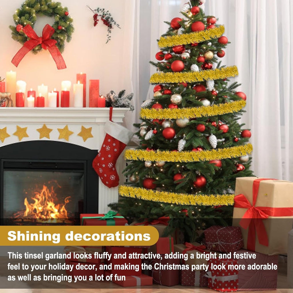 50 Feet Gold Christmas Tinsel Garland, Metallic Foil Twist Garland Wall Hanging Tinsel Banner Backdrop for Parade Floats, Easter, Mother's Day, Wedding Party Decorations (2in x 50ft)