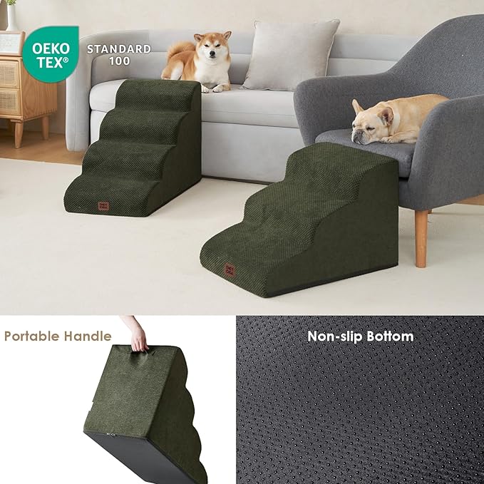 EHEYCIGA Curved Dog Stairs Ramp for Small Dogs 15.7" H, 3-Step Dog Steps for Couch Sofa and Chair, Pet Stairs for Cats, Non-Slip Balanced Pet Steps Indoor, Olive Green-PawvioPets
