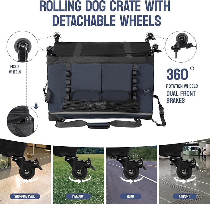 30IN Soft Collapsible Dog Crate w Detachable Wheels, Rolling Travel Dog Crate for Medium Breed Dogs, Portable Dog Kennel with Mesh Windows, Indoor & Outdoor Uses-PawvioPets
