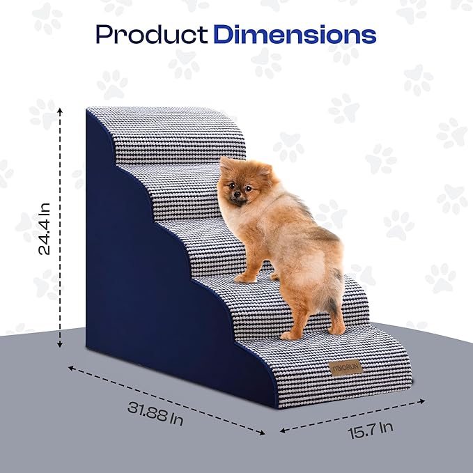 Curved Dog Stairs for High Bed Up to 26", 5-Step Dog Ramp for Small Dogs with Washable Cover, Non-Slip Steps for Cats to Get on Couch and Sofa, Durable Foam Ladder for Medium Breeds, White Navy-PawvioPets