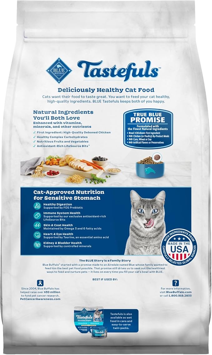 Blue Buffalo Tastefuls Natural Dry Food for Adult Cats, Sensitive Stomach, Chicken & Brown Rice Recipe, 3-lb. Bag-PawvioPets