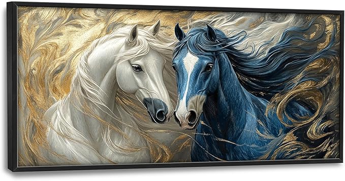 Framed Large Horse Wall Art for Living Room, Oversized Abstract Horses Wall Decor Blue and Golden Canvas Painting Animal Pictures Modern Artwork for Living Room Bedroom Office 60"x30"-PawvioPets