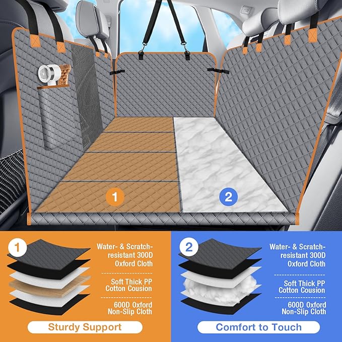 Dog Car Seat Cover for Back Seat, Dog Car Bed Cover with Strong Hard Bottom, Back Seat Extender Hammock for SUV Truck,4 Panels Gray Color-PawvioPets