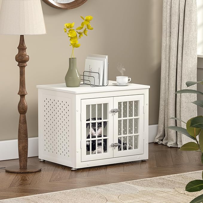 26" Heavy Duty Dog Crate Furniture for Small Dogs, Metal Kennel for High Anxiety Dogs, Chew Proof Pet Cage Indoor, Decorative Kennel End Table, White-PawvioPets