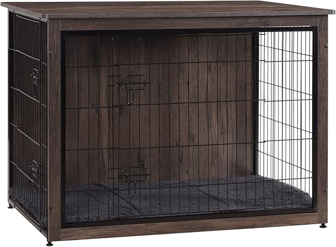 DWANTON Dog Crate Furniture with Cushion, Wooden Kennel Table with Double Doors, Indoor Dog House, Extra Large Size, 43.3" L, Dark Gray-PawvioPets