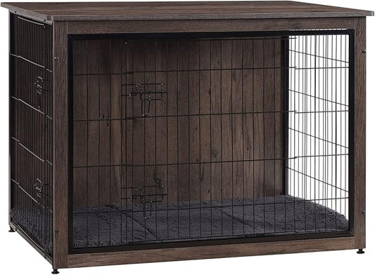 DWANTON Dog Crate Furniture with Cushion, Wooden Kennel Table with Double Doors, Indoor Dog House, Extra Large Size, 43.3" L, Dark Gray-PawvioPets