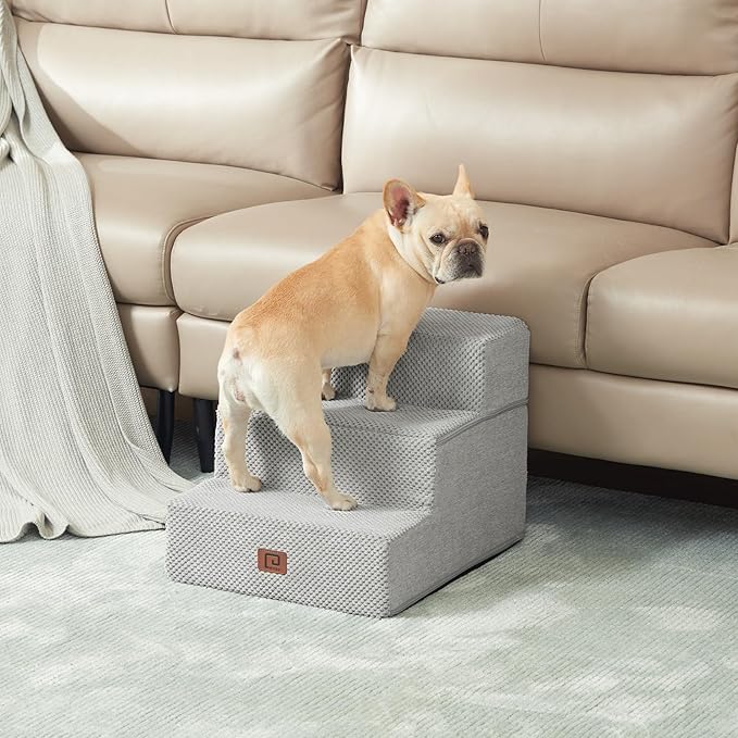 EHEYCIGA Dog Stairs for Small Dogs 13.5" H, 3-Step Dog Steps for Couch Sofa and Chair, Pet Steps for Medium Cats, Non-Slip Balanced Pet Ramp Indoor, Light Grey-PawvioPets