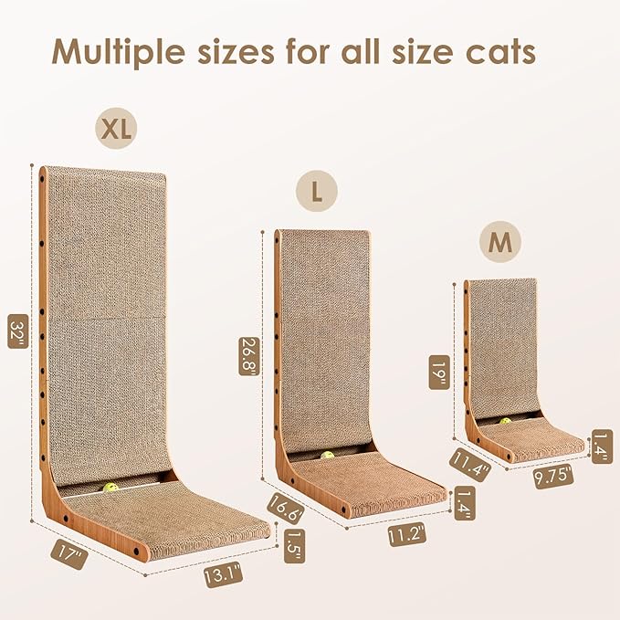 EHEYCIGA Cardboard Cat Scratcher for Indoor Cats, 32 Inch L Shaped Vertical Cat Scratching Board with Ball Cat Toy, Extra Large Cat Scratcher Pad, Brown-PawvioPets