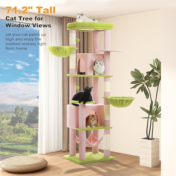 71.2" Large Cat Tree for Multi-Cat Households - Heavy-Duty 9-Level Cat Tower w/5 Sisal Scratching Posts, 2 Condos, 3 Hammocks, Extra-Large Perch & Pompoms - Space-Saving, Pink-PawvioPets