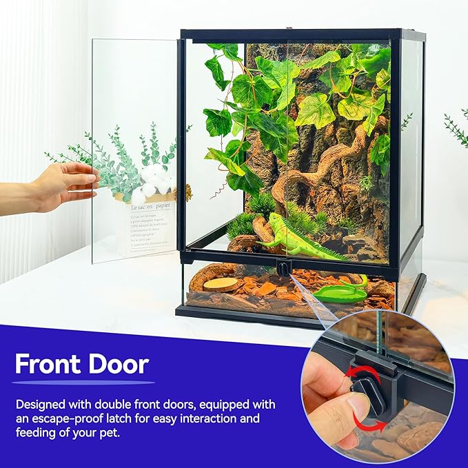 360° Clear View 12 Gallon 18x12.6x12.6 Glass Reptile Terrarium Suitable for Bearded Dragon, Chameleon, Crested Gecko, Multi-Pet Enclosure with Front Door, Excellent Ventilation, Hidden Wiring Holes-PawvioPets