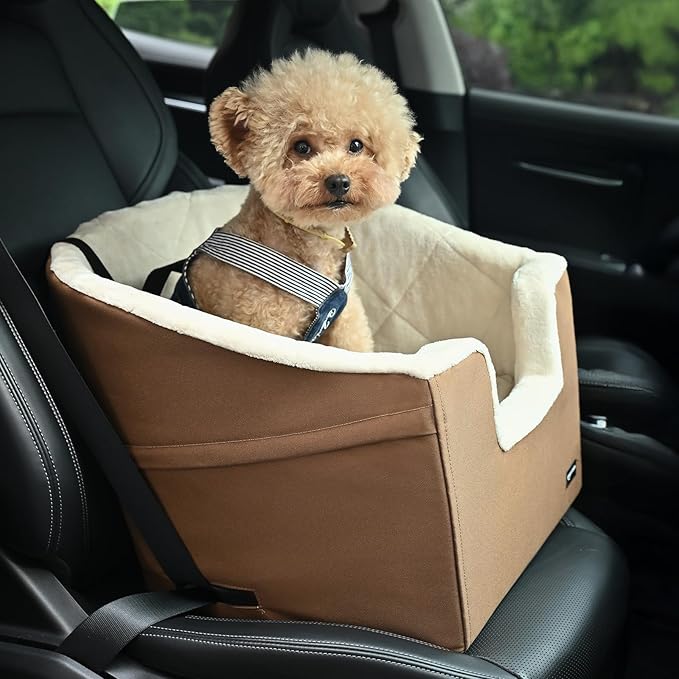 Amazon Basics Pet Car Booster Bucket Seat for Small Pets up to 25lbs, Machine Washable Cover, Clip-On Safety Leash, 18" x 18" x 16", Tan-PawvioPets