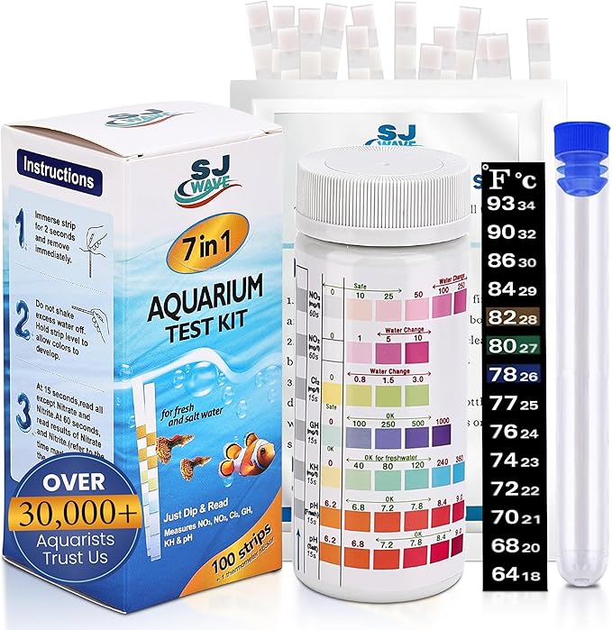 7 in 1 - Aquarium Test Strips | 100 Fast & Accurate Strips | Fish Tank Aquariums Water Test Kit & ebook | Aquarium Thermometer | Fish Tank Water Testing Kit for Fresh & Saltwater | Versatile Usage-PawvioPets