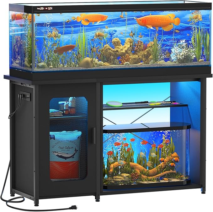 55-75 Gallon Fish Tank Stand with Power Outlets & LED Light, Reversible Heavy Duty Metal Aquarium Stand with Cabinet for Fish Tank Accessories Storage, Turtle/Reptile Terrariums, Black-PawvioPets