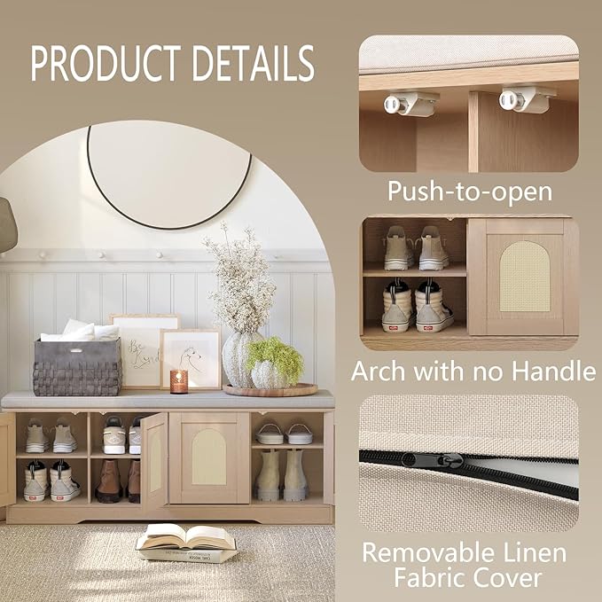DINZI LVJ Shoe Bench, Entryway Storage Bench with Doors, Cushion, 2-Tier Shoe Rack with 8-Cubby, 47.2”L x 13.8”W Shoe Organizer Cabinet, Adjustable Shelf, Living Room, Bedroom, Natural with Rattan-PawvioPets