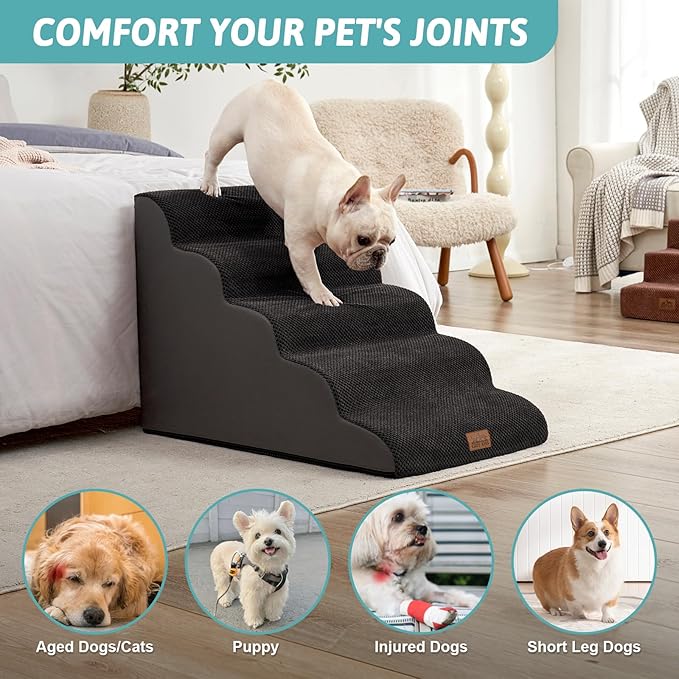 Extra Wide Dog Stairs 19.7" Width, Large Pet Step for Small Medium Dog, Puppy or Cat, Ramp for High Bed or Car, High Density Foam Ladder, Stable, 5 Step, 19.7x33x22.4 inch, Black-PawvioPets