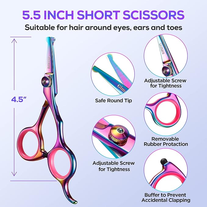 Gimars Professional 4CR Stainless Steel 6 in 1 Grooming Scissors for Dogs with Safety Round Tip, Heavy Duty Titanium Coated Pet Grooming Scissor for Dogs, Cats and Other Animals-PawvioPets