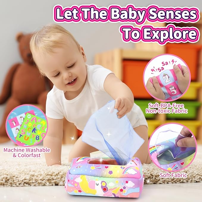 Baby Toys 6 to 12 Months - Tissue Box Toy, Tissue Learning Toys with Alphabet Number Color Sound, Baby Sensory Toy Gifts for 6 9 12 18 Months Old-PawvioPets