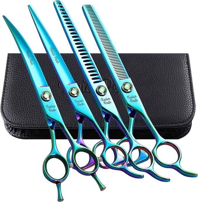 Fenice Peak Green Dog Grooming Scissors Set Straight Thinning Curved and Chunker Shears 4PCS Kit with Simulated Emerald Screw 440C Trimming Shears Durable and Sharp-PawvioPets