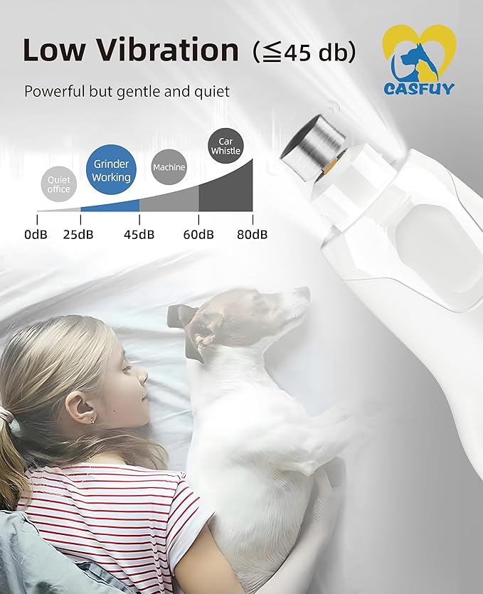 Casfuy Dog Nail Grinder Quiet - (45db) 6-Speed Pet Nail Grinder with 2 LED Lights for Large Medium Small Puppy Dogs/Cats, Professional 3 Ports Rechargeable Electric Dog Nail Trimmer with Dust Cap-PawvioPets