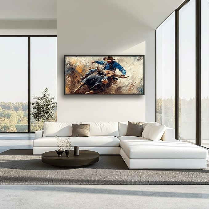 Framed Large Western Cowboy Wall Art, Oversized Rustic Cow Wall Decor for Living Room, Dusty Canvas Painting Pictures Vintage Artwork Home Decoration for Living Room Bedroom Office 60"x30"-PawvioPets